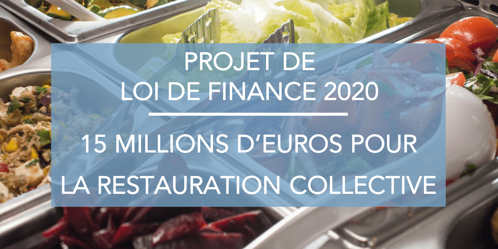 Visuel d'un bar à salade de restauration collective, avec un texte : "Projet de loi de finance 2020 : 15 millions d'euros pour la restauration collective"